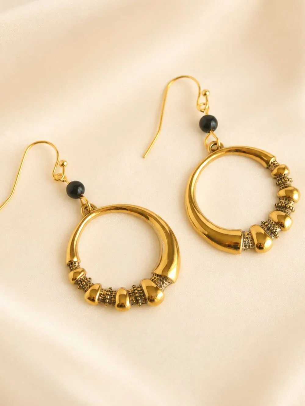 Gold Hoop Earrings With Onyx Detail Stainless Steel Large Dangle
